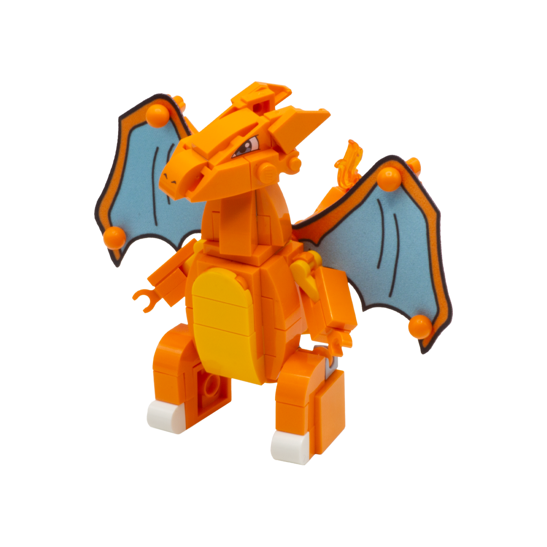 An alternative view of a custom LEGO Charizard figure built from orange and yellow building blocks, with blue-gray wings outlined in black.