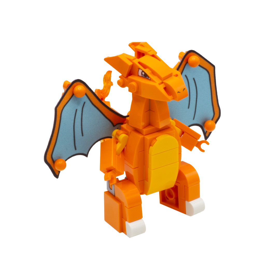 A custom LEGO Charizard figure built from orange and yellow building blocks, with blue-gray wings outlined in black.