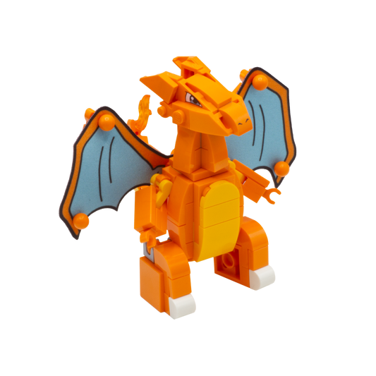 A custom LEGO Charizard figure built from orange and yellow building blocks, with blue-gray wings outlined in black.