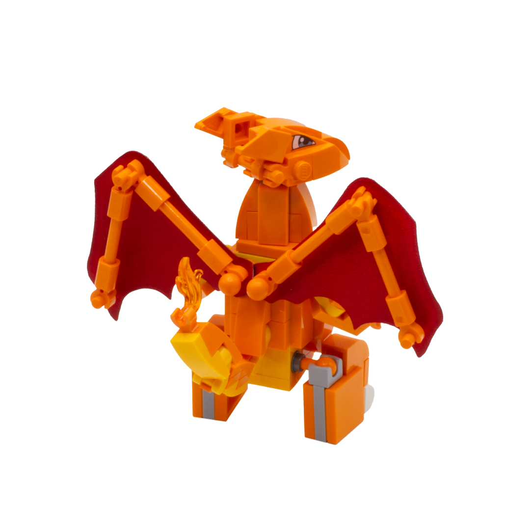The back of a custom LEGO Charizard figure built from orange and yellow building blocks, with fabric wings which are red at the back.