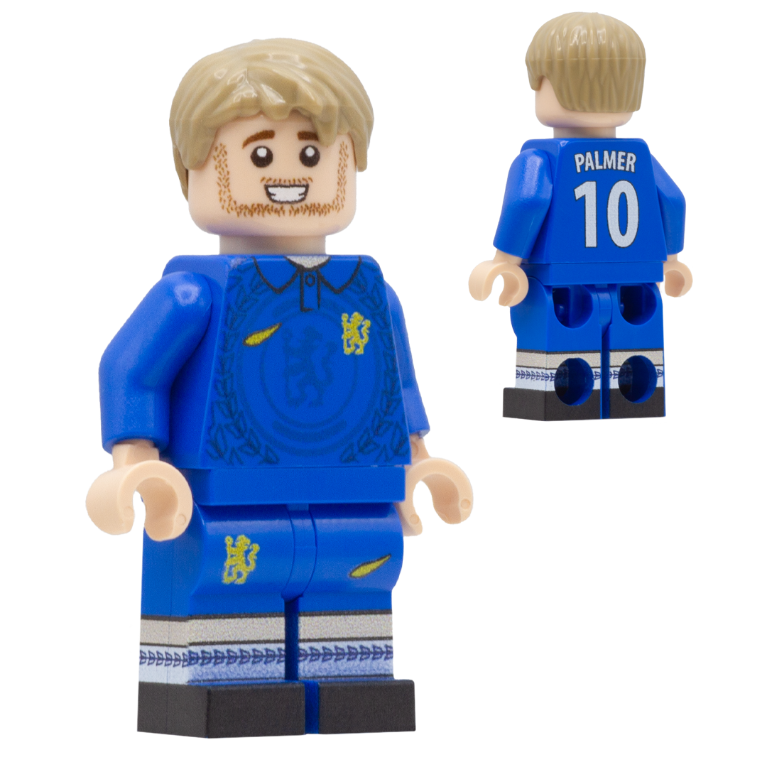 A LEGO minifigure of Chelsea FC footballer Cole Palmer wearing a blue soccer kit with yellow accents and the name PALMER and number 10 on the back jersey, on a plain white background.