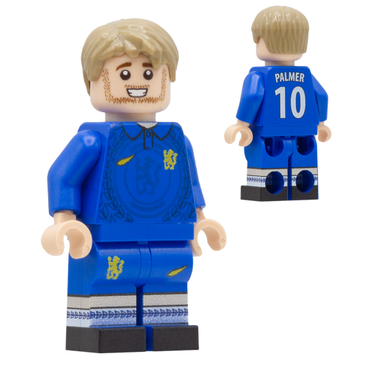 A LEGO minifigure of Chelsea FC footballer Cole Palmer wearing a blue soccer kit with yellow accents and the name PALMER and number 10 on the back jersey, on a plain white background.