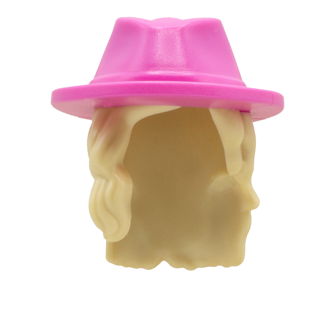 Blonde wavy LEGO minifigure hair with pink sunhat in style of Coachella festival goers.