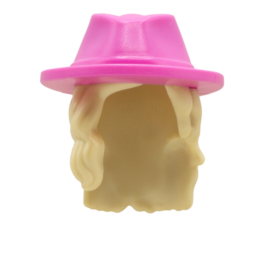 Blonde wavy LEGO minifigure hair with pink sunhat in style of Coachella festival goers.