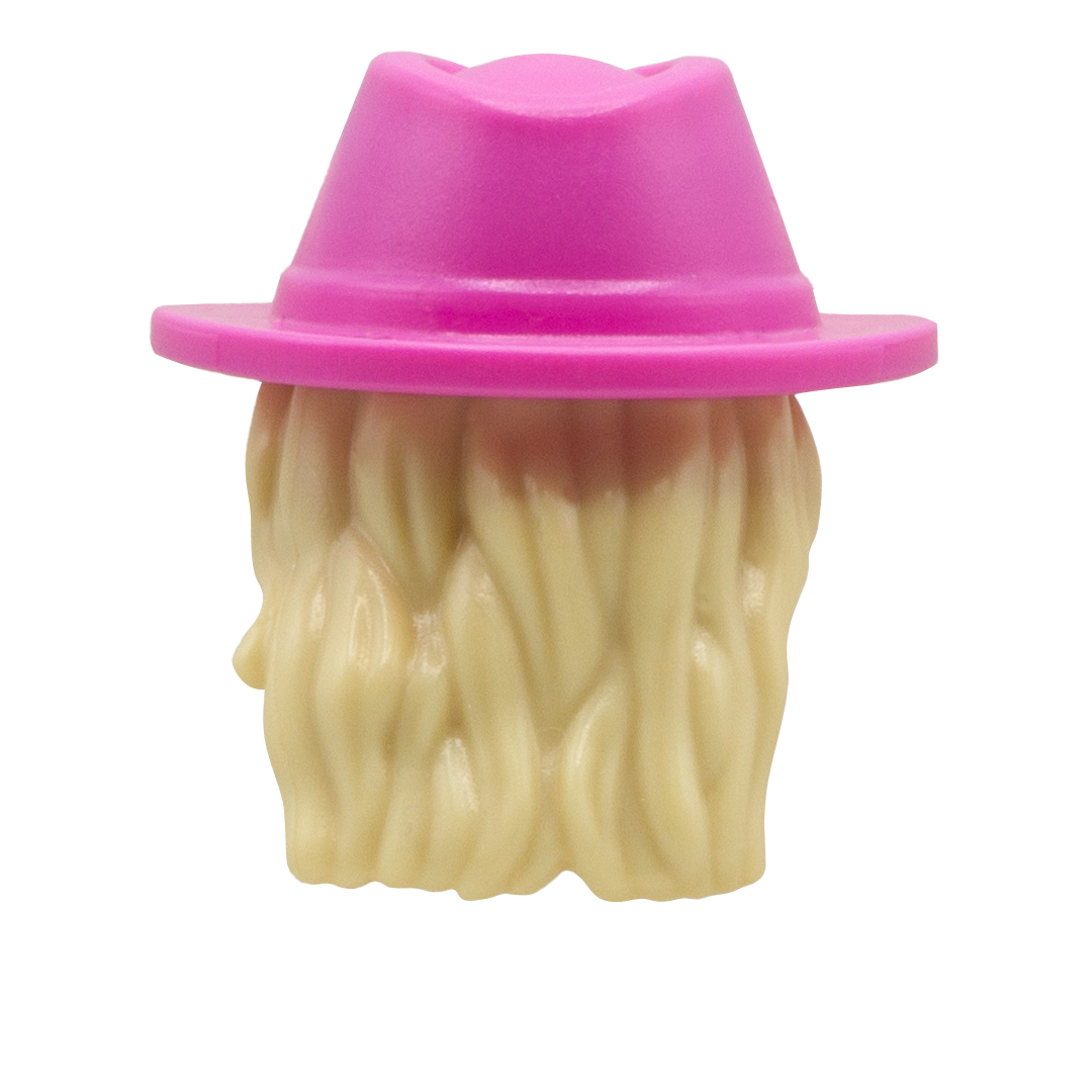 Blonde wavy LEGO minifigure hair with pink sunhat in style of Coachella festival goers.