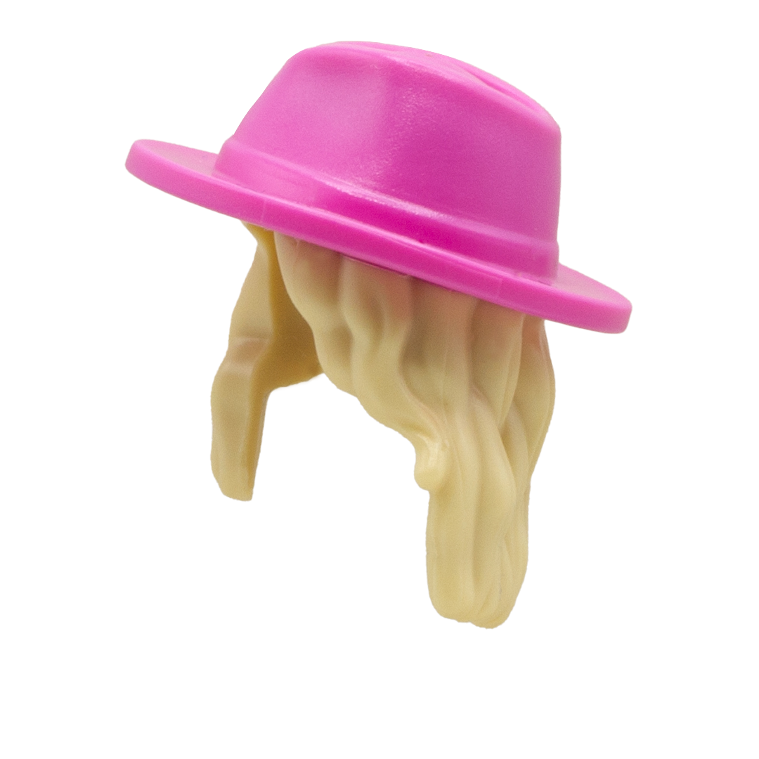 Blonde wavy LEGO minifigure hair with pink sunhat in style of Coachella festival goers.