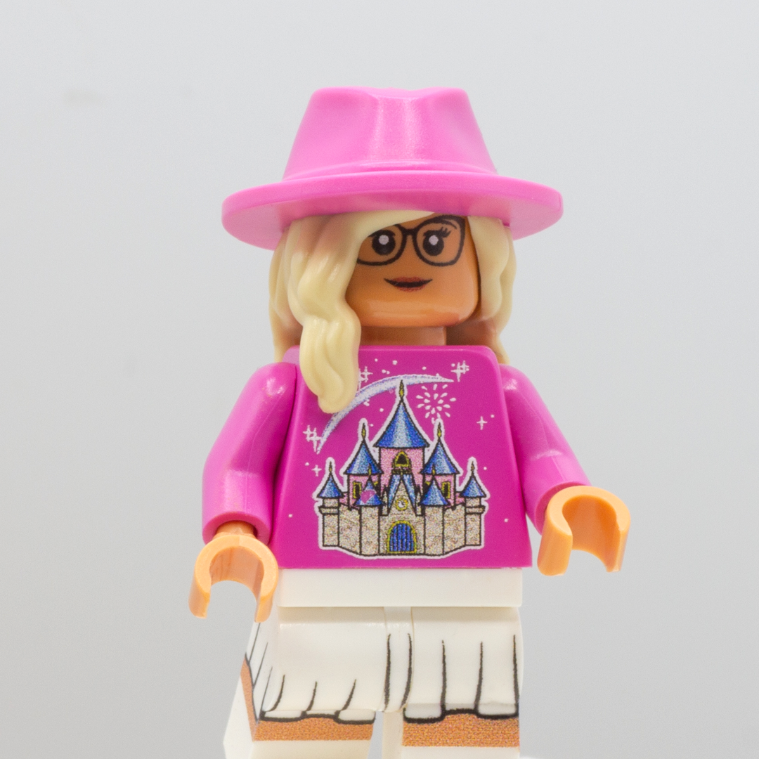 LEGO minifigure wearing Blonde wavy hair with bink sunhat in style of Coachella festival goers.