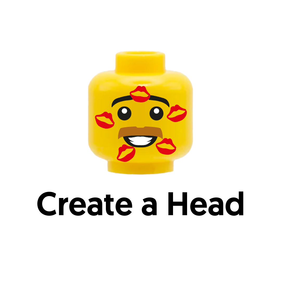 A yellow LEGO minifigure head with a smile, moustache and red lipstick marks, with the text 'Create a Head' below.