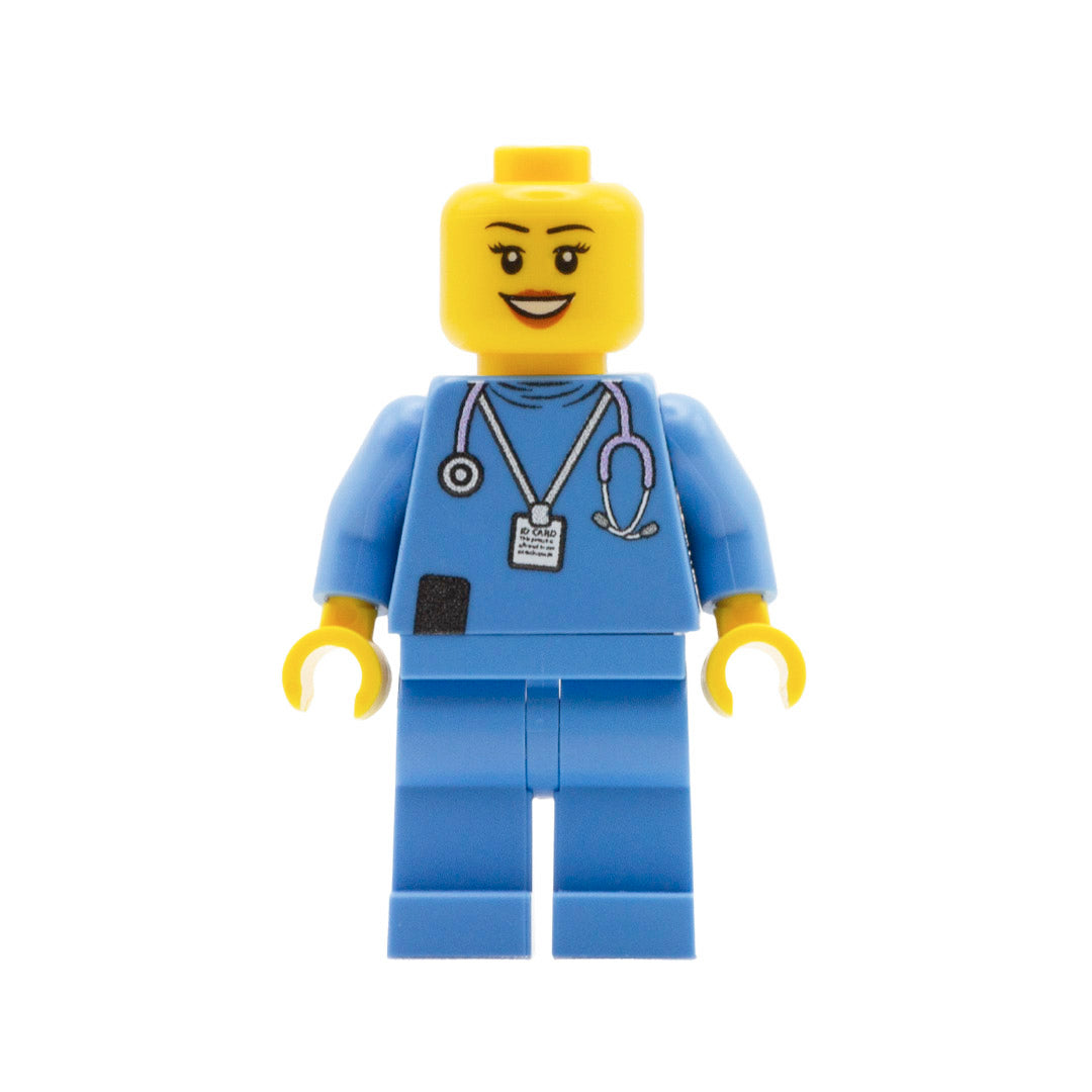 A custom lego minifigure dressed in a light blue nurse uniform with a lipstick smile and eyelashes 