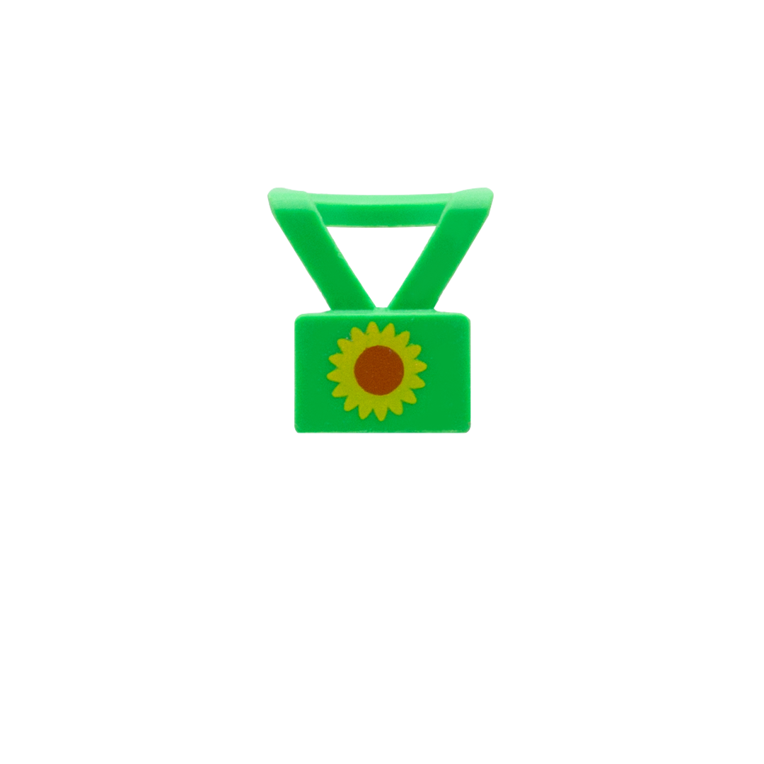 Custom green LEGO lanyard with sunflower printed on it.