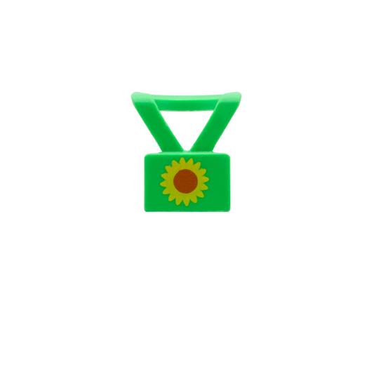 Custom green LEGO lanyard with sunflower printed on it.