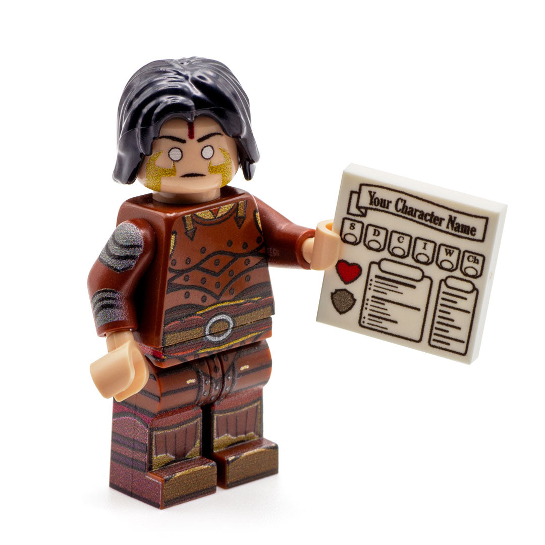 Personalised DND character sheet - custom printed LEGO tile to be used as a minifigure accessory