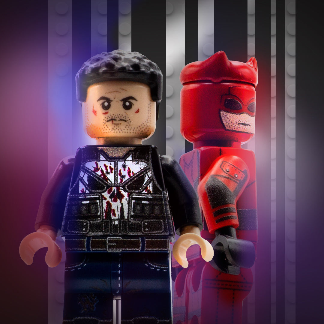 The Punisher custom LEGO Minifigure shown with Daredevil comic and TV show character, both featuring a detail print design.