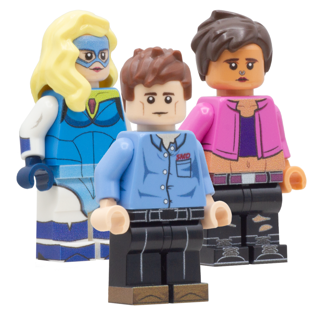 A LEGO minifigure with short brown hair, a light flesh complexion, a light blue button-up shirt with red 'SMD' lettering on the chest, black p

A female superhero minifigure with long blonde hair, a blue mask, a blue and white bodysuit with yellow accents and blue gloves and boots. This minifigure depicts Blonde Blazer from the video game, Dispatch.

A custom LEGO minifigure with short brown hair, a medium complexion, a pink jacket with a purple shirt and black pants with ripped details. This minifigure dep