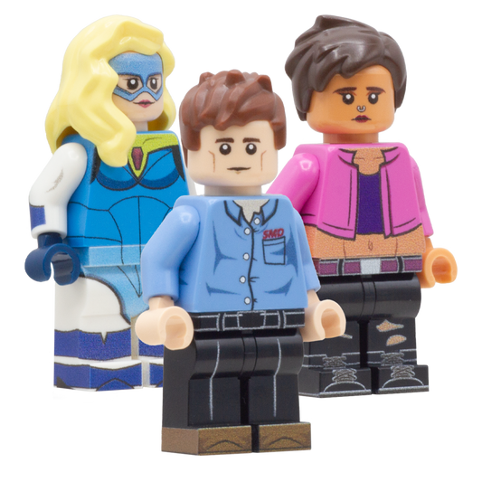 A LEGO minifigure with short brown hair, a light flesh complexion, a light blue button-up shirt with red 'SMD' lettering on the chest, black p

A female superhero minifigure with long blonde hair, a blue mask, a blue and white bodysuit with yellow accents and blue gloves and boots. This minifigure depicts Blonde Blazer from the video game, Dispatch.

A custom LEGO minifigure with short brown hair, a medium complexion, a pink jacket with a purple shirt and black pants with ripped details. This minifigure dep