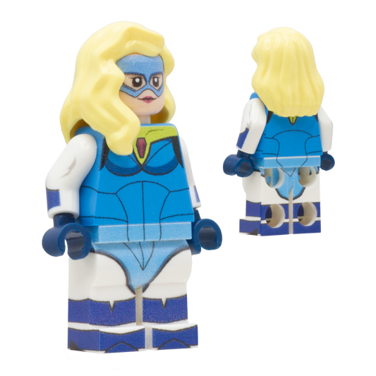 A female superhero minifigure shown from the front and back against a plain white background. The figure has long blonde hair, a blue mask, a blue and white bodysuit with yellow accents, and blue gloves and boots.