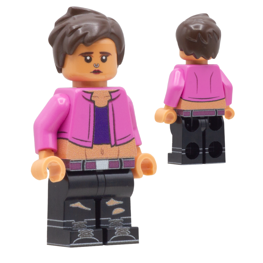 A custom LEGO minifigure with short brown hair, a medium complexion, a pink jacket with a purple shirt and black pants with ripped details. This minifigure depicts Invisigal from the video game, Dispatch.