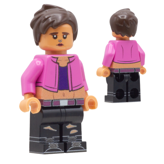 A custom LEGO-style minifigure shown from the front and back. The figure has short brown hair, a tan face, a pink jacket, a purple shirt, and black pants with ripped details.