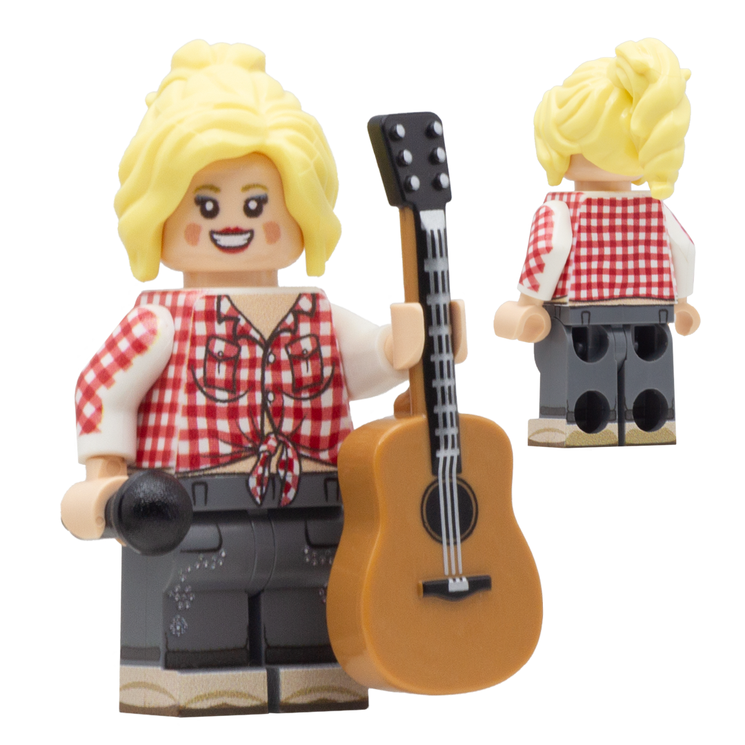 A collectable minifigure of Dolly Parton with blonde hair, a red-and-white gingham top, dark gray pants, and a tan acoustic guitar, shown from the front and back on a plain white background.