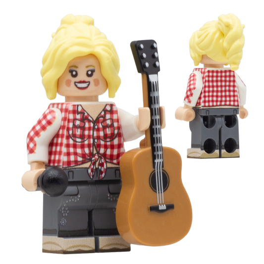A collectable minifigure of Dolly Parton with blonde hair, a red-and-white gingham top, dark gray pants, and a tan acoustic guitar, shown from the front and back on a plain white background.