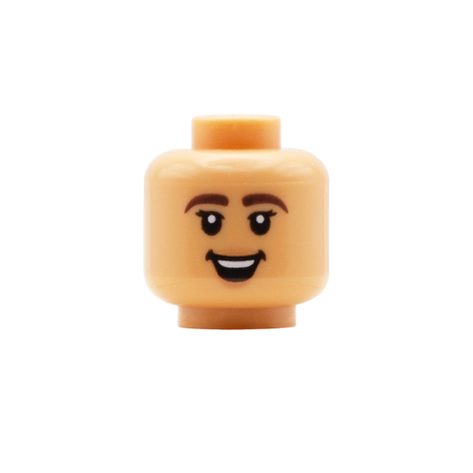 Thick Brown Eyebrows Flicked Eyelashes Open Smile / Smirk (Medium Tan) - LEGO Minifigure Head