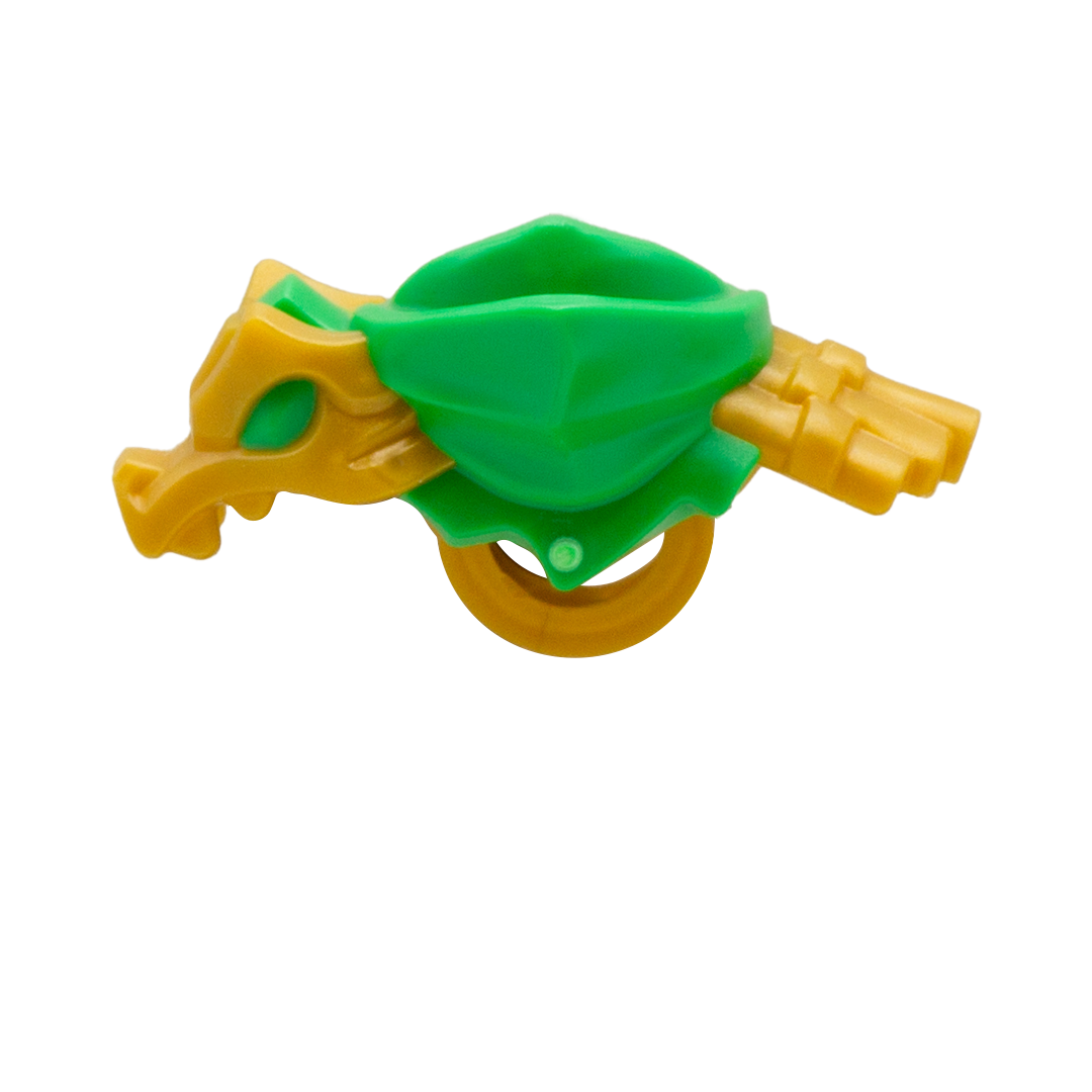 Golden LEGO Ninjago armour shoulder pads with green mouth-covering bandana and a dragon on the right shoulder.