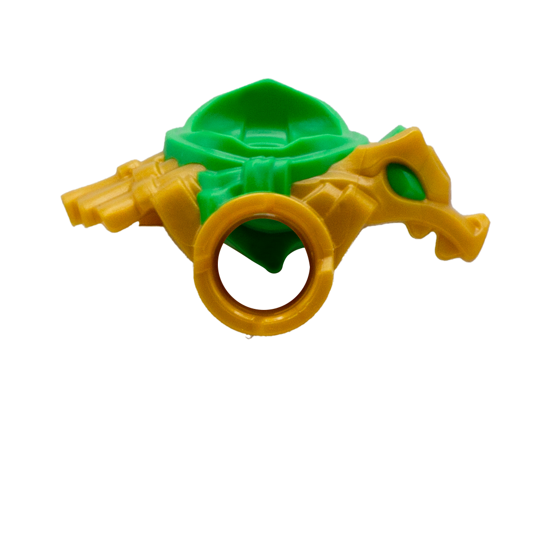 Golden LEGO Ninjago armour shoulder pads with green mouth-covering bandana and a dragon on the right shoulder. Rear view.
