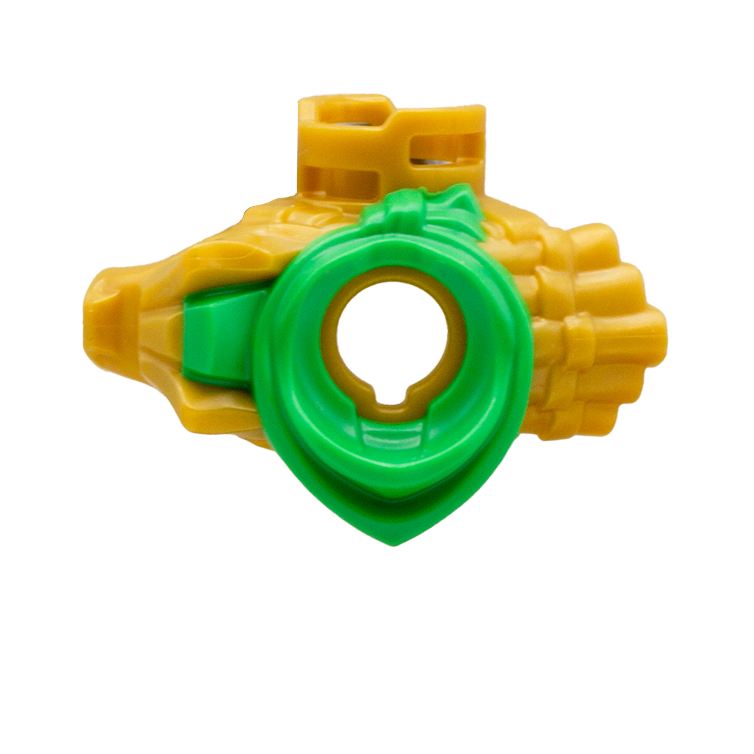 Golden LEGO Ninjago armour shoulder pads with green mouth-covering bandana and a dragon on the right shoulder. Top view.