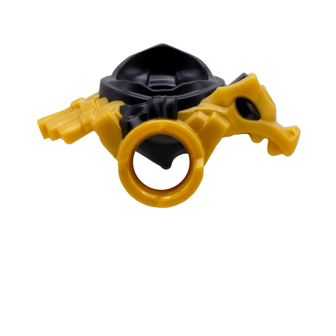 Golden LEGO Ninjago armour shoulder pads with black mouth-covering bandana and a dragon on the right shoulder. Rear view.