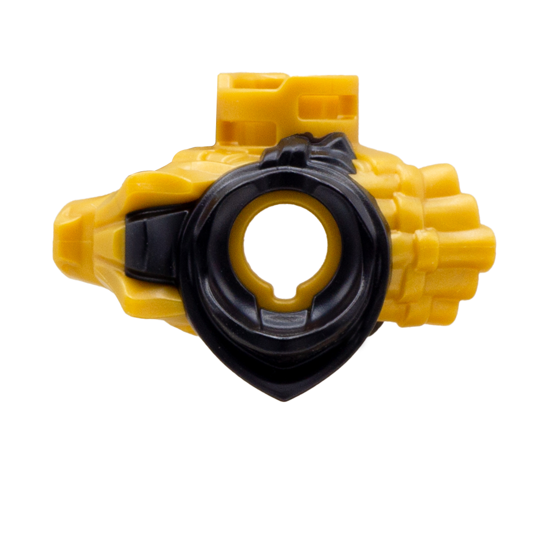 Golden LEGO Ninjago armour shoulder pads with black mouth-covering bandana and a dragon on the right shoulder. Top view.