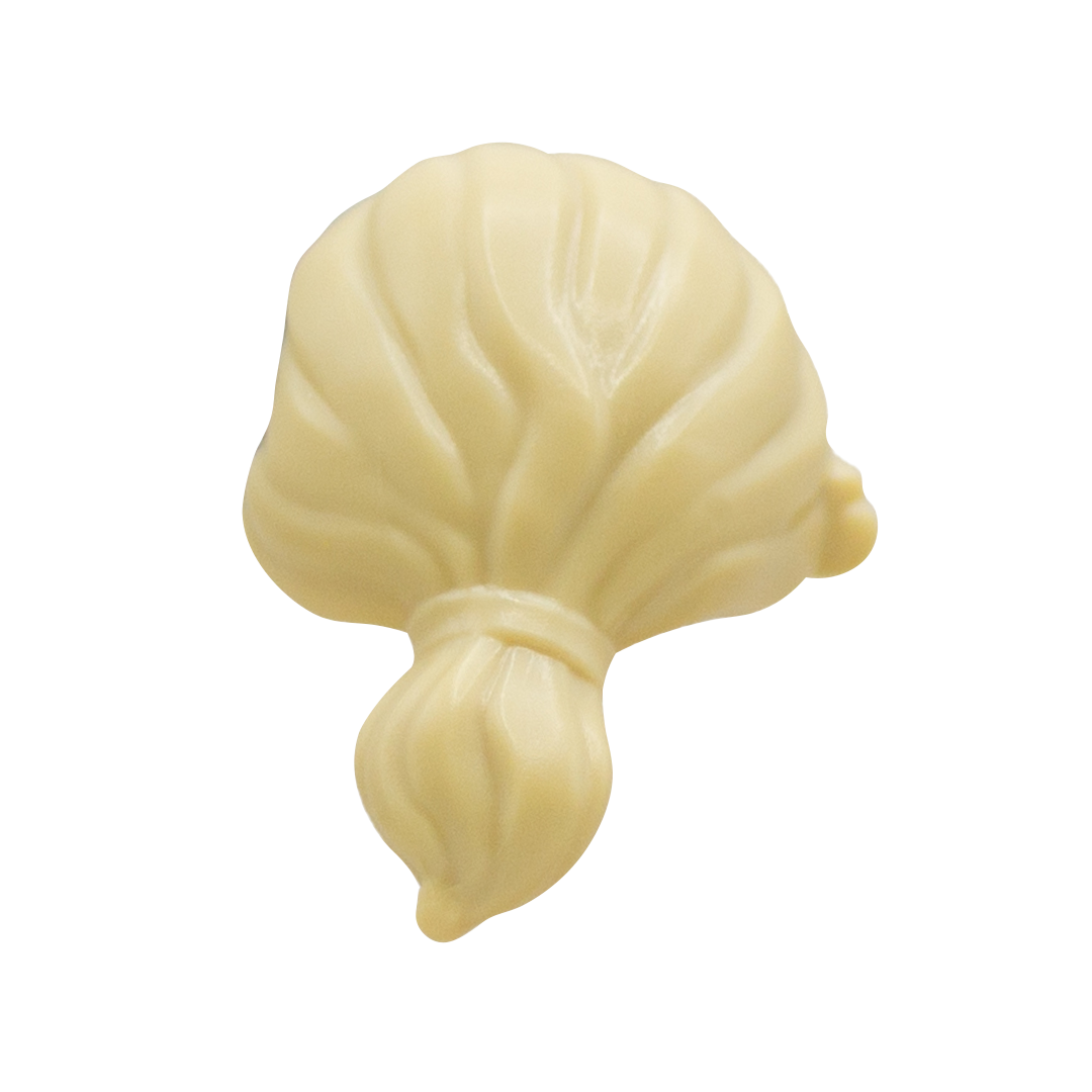 LEGO blonde minifigure hair in a ponytail with a hearing aid. Back view