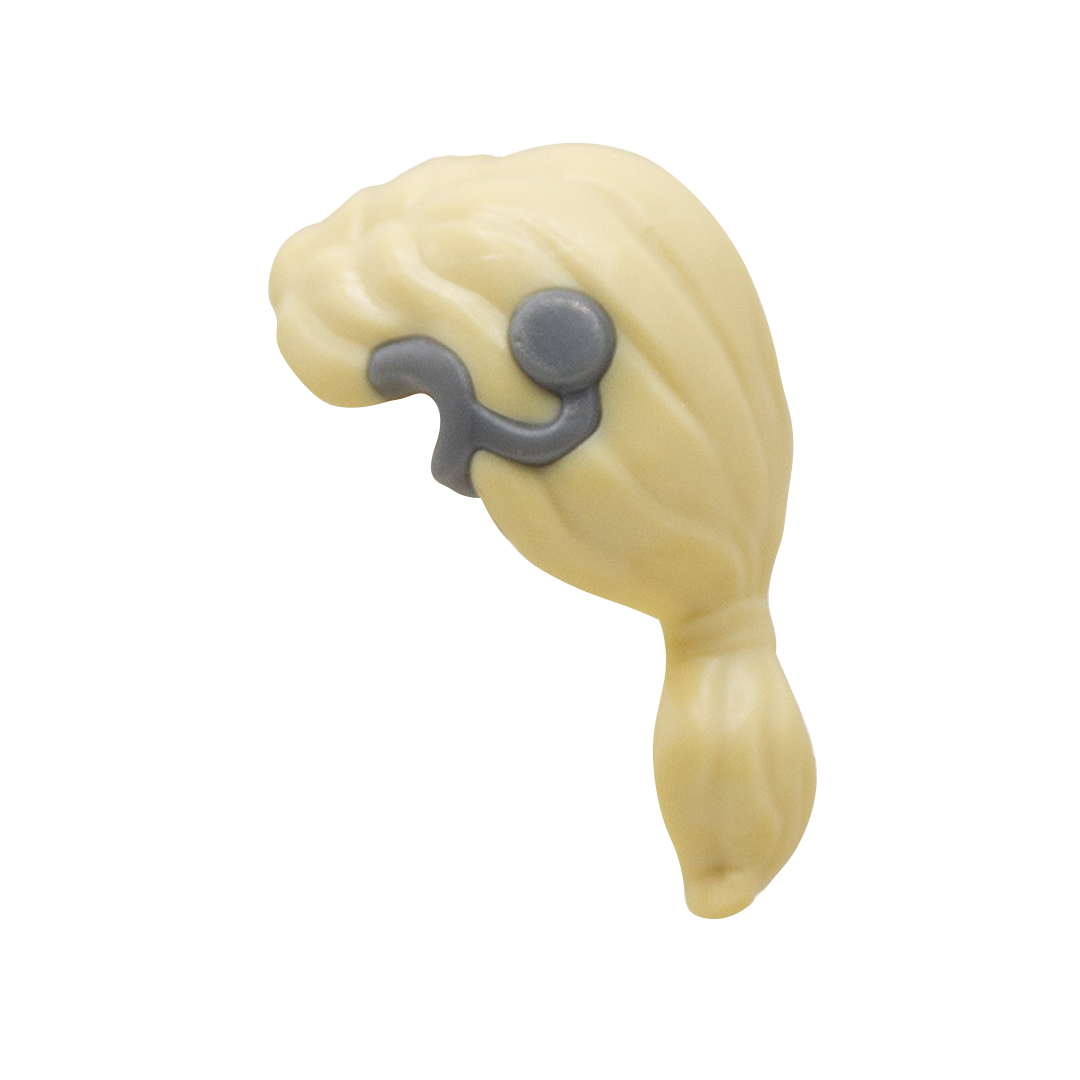 LEGO blonde minifigure hair in a ponytail with a hearing aid. Side view