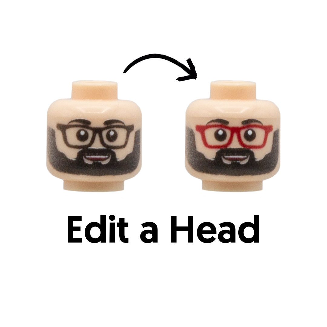 Two LEGO minifigure heads with printed faces, one with black glasses and beard and the other with red glasses and beard. A black arrow points from the left head to the right head, with the text 'Edit a Head' below.