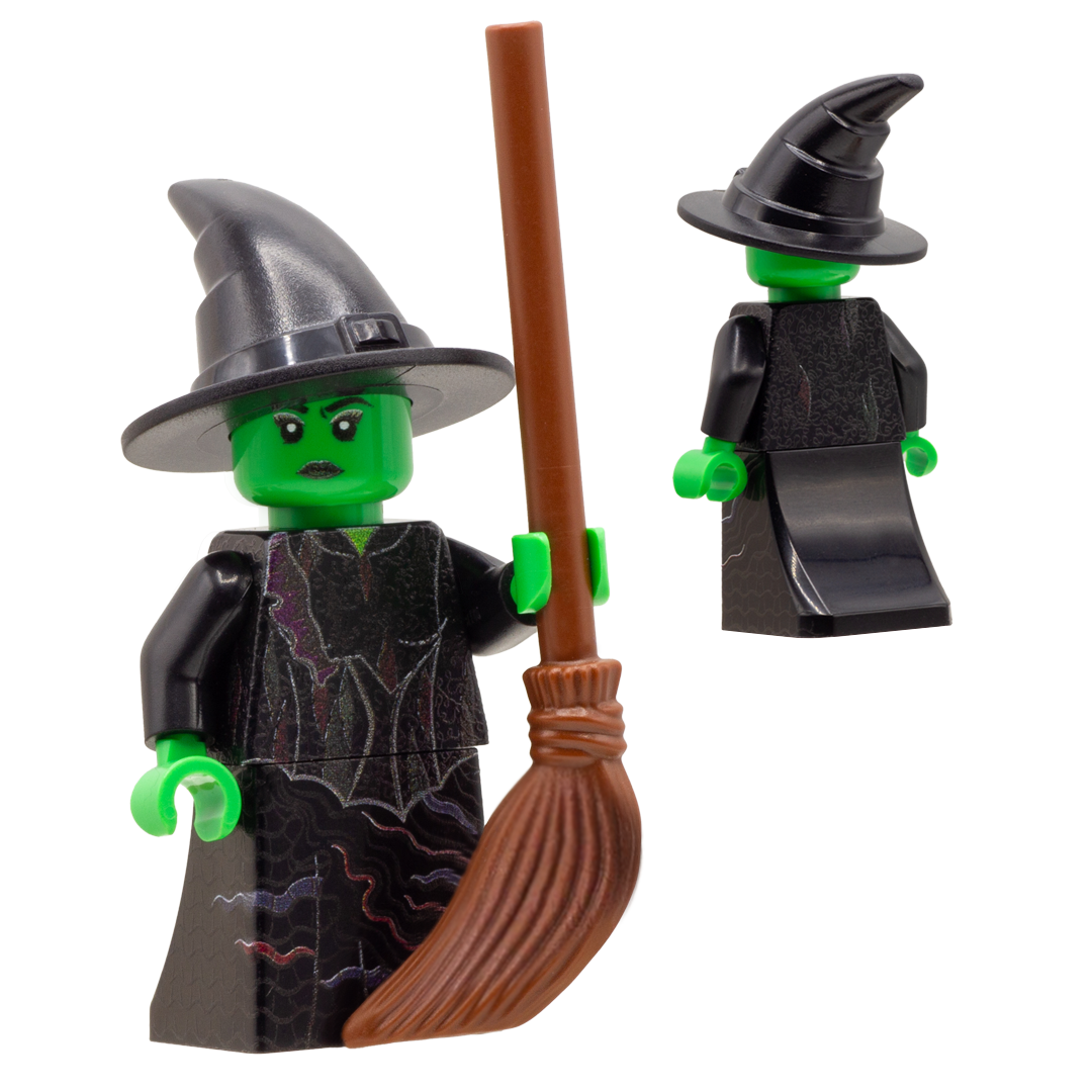 Custom minifigure inspired by popular witches characters from fantasy adventures and movies with green head and hands, wearing a pointy, black witch's hat and holding a brown broomstick.
