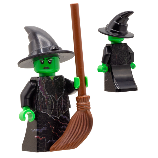 Custom minifigure inspired by popular witches characters from fantasy adventures and movies with green head and hands, wearing a pointy, black witch's hat and holding a brown broomstick.