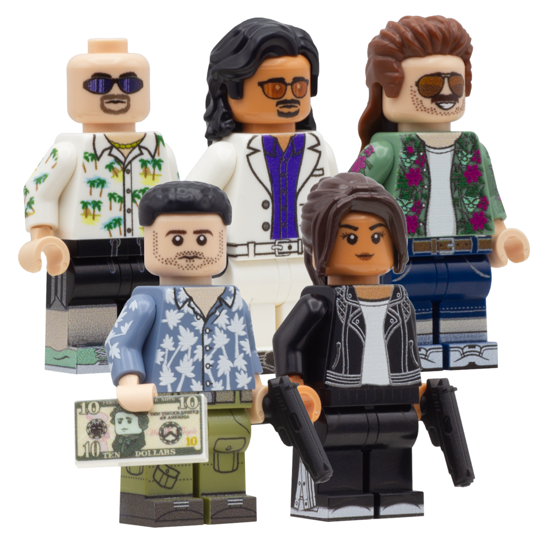 Custom Minifigures inspired by GTA 6 characters, Jason Duval, Lucia Caminos, Brian Heder, Cal Hampton and Raul Bautista.