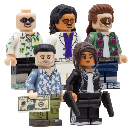 Custom Minifigures inspired by GTA 6 characters, Jason Duval, Lucia Caminos, Brian Heder, Cal Hampton and Raul Bautista.