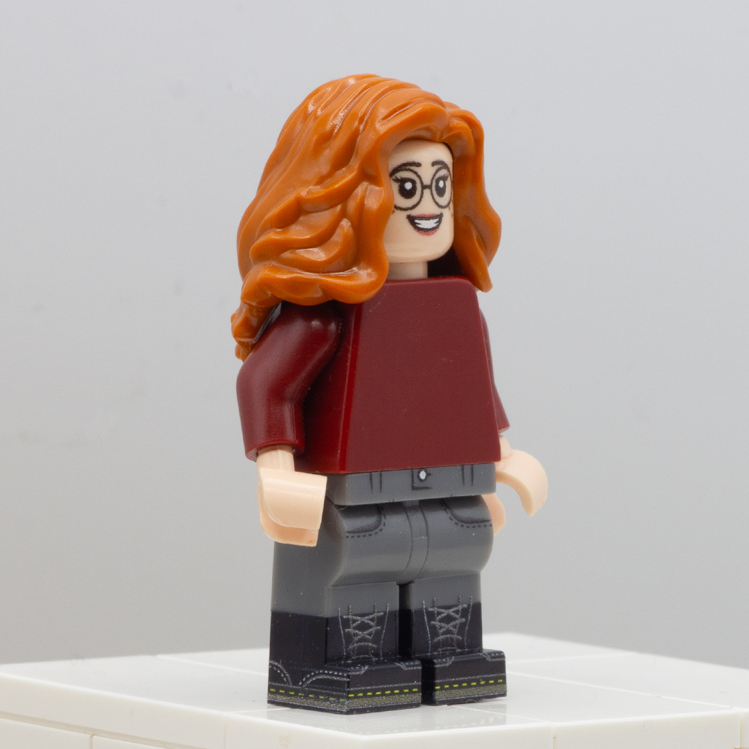 Minifigure with dark ginger long cascading LEGO hair 