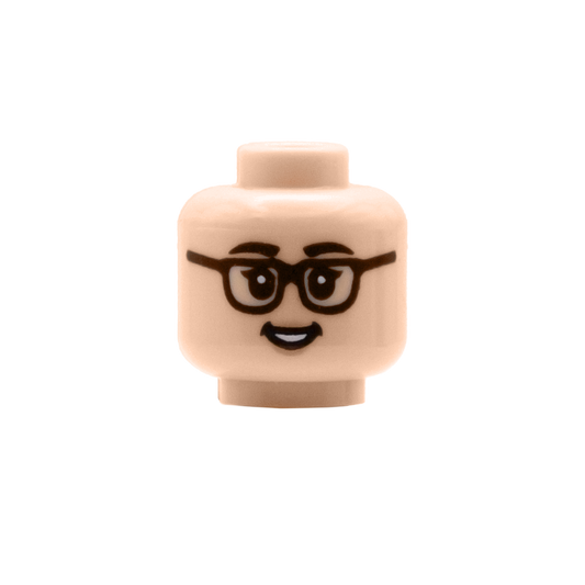A LEGO minifigure head with glasses, and a smiling mouth