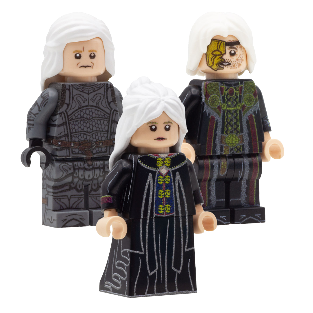 LEGO House of the Dragon; Daemon Targaryen played by Matt Smith, Rhaenyra Targaryen played by Emma D'Arcy, and Viserys I Targaryen played by Paddy Constantine. Custom Design LEGO Minifigures with 3D-printed Sword.