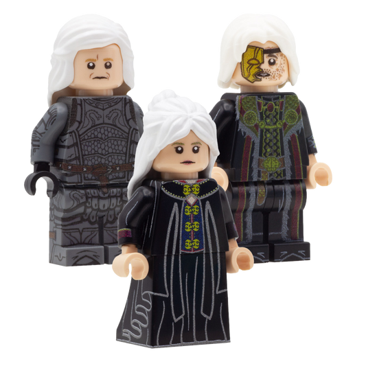 LEGO House of the Dragon; Daemon Targaryen played by Matt Smith, Rhaenyra Targaryen played by Emma D'Arcy, and Viserys I Targaryen played by Paddy Constantine. Custom Design LEGO Minifigures with 3D-printed Sword.
