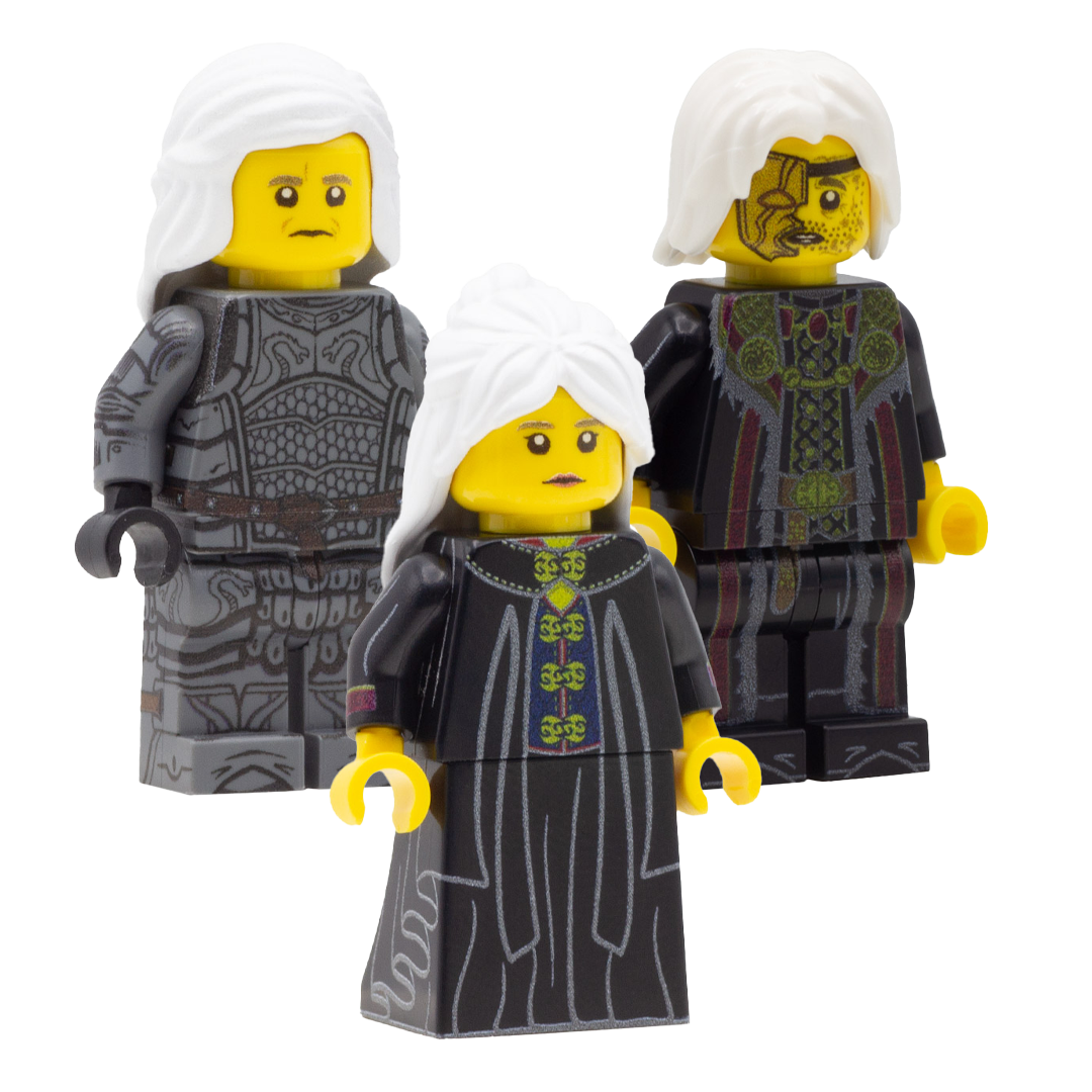 LEGO House of the Dragon; Daemon Targaryen played by Matt Smith, Rhaenyra Targaryen played by Emma D'Arcy, and Viserys I Targaryen played by Paddy Constantine. Custom Design LEGO Minifigures with 3D-printed Sword.