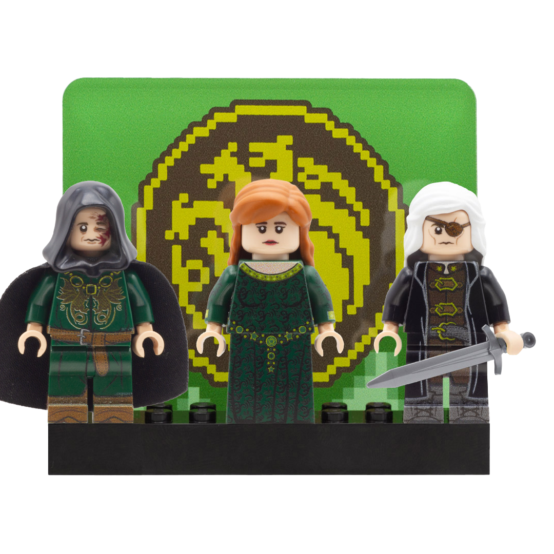 LEGO House of the Dragon; Alicent Hightower played by Oliva Cooke; Aegon Targaryen played by Tom Glynn-Carney; Aemond Targaryen played by Ewan Mitchell  - Custom Design LEGO Minifigures