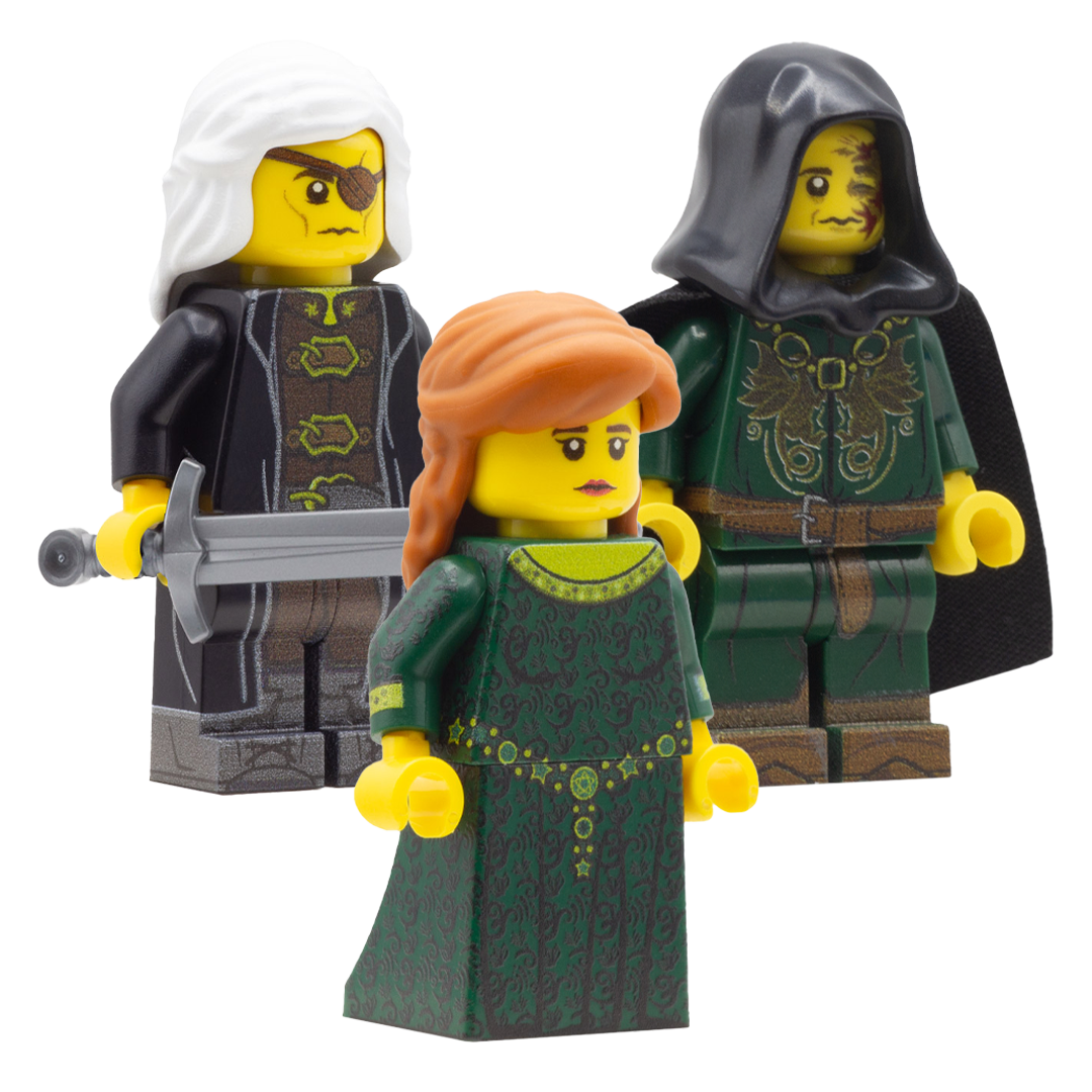 LEGO House of the Dragon; Alicent Hightower played by Oliva Cooke; Aegon Targaryen played by Tom Glynn-Carney; Aemond Targaryen played by Ewan Mitchell  - Custom Design LEGO Minifigures