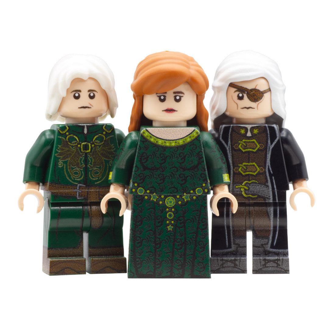 LEGO House of the Dragon; Alicent Hightower played by Oliva Cooke; Aegon Targaryen played by Tom Glynn-Carney; Aemond Targaryen played by Ewan Mitchell  - Custom Design LEGO Minifigures