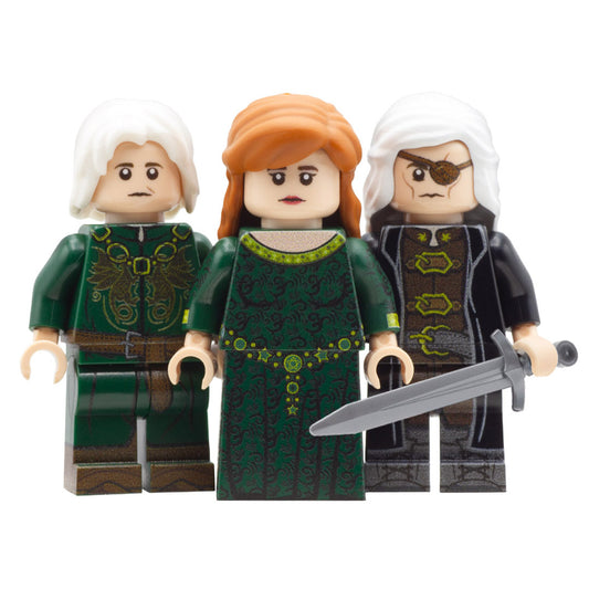 LEGO House of the Dragon; Alicent Hightower played by Oliva Cooke; Aegon Targaryen played by Tom Glynn-Carney; Aemond Targaryen played by Ewan Mitchell  - Custom Design LEGO Minifigures