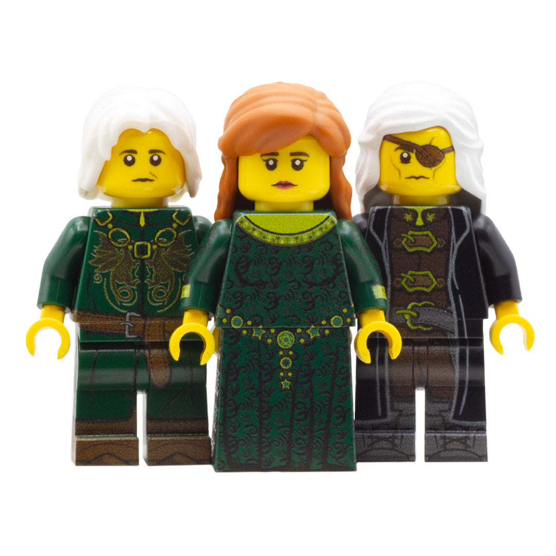 LEGO House of the Dragon; Alicent Hightower played by Oliva Cooke; Aegon Targaryen played by Tom Glynn-Carney; Aemond Targaryen played by Ewan Mitchell  - Custom Design LEGO Minifigures