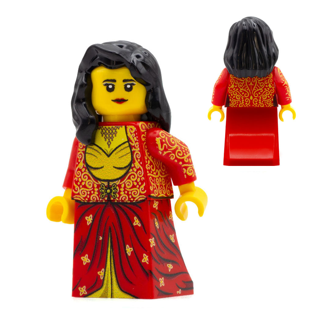 Custom LEGO minifigure of Inara from TV show Firefly in a red and gold dress 
