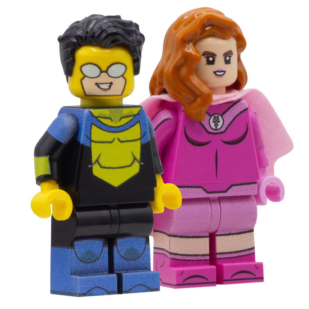 Invincible and Atom Eve from the animated series 'Invincible'; voiced by Steven Yeun and Gillian Jacobs - Custom Design LEGO Minifigures