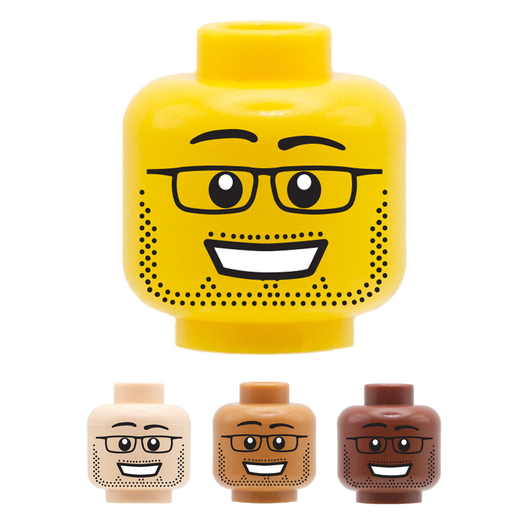Mini Figureheads Big Grin, Stubble Glasses - Custom Printed Minifigure Head – Minifigs.me